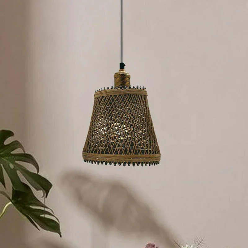 Brown rattan ceiling pendant light with metal frame, 95cm adjustable hook, E27 base, brushed copper accents