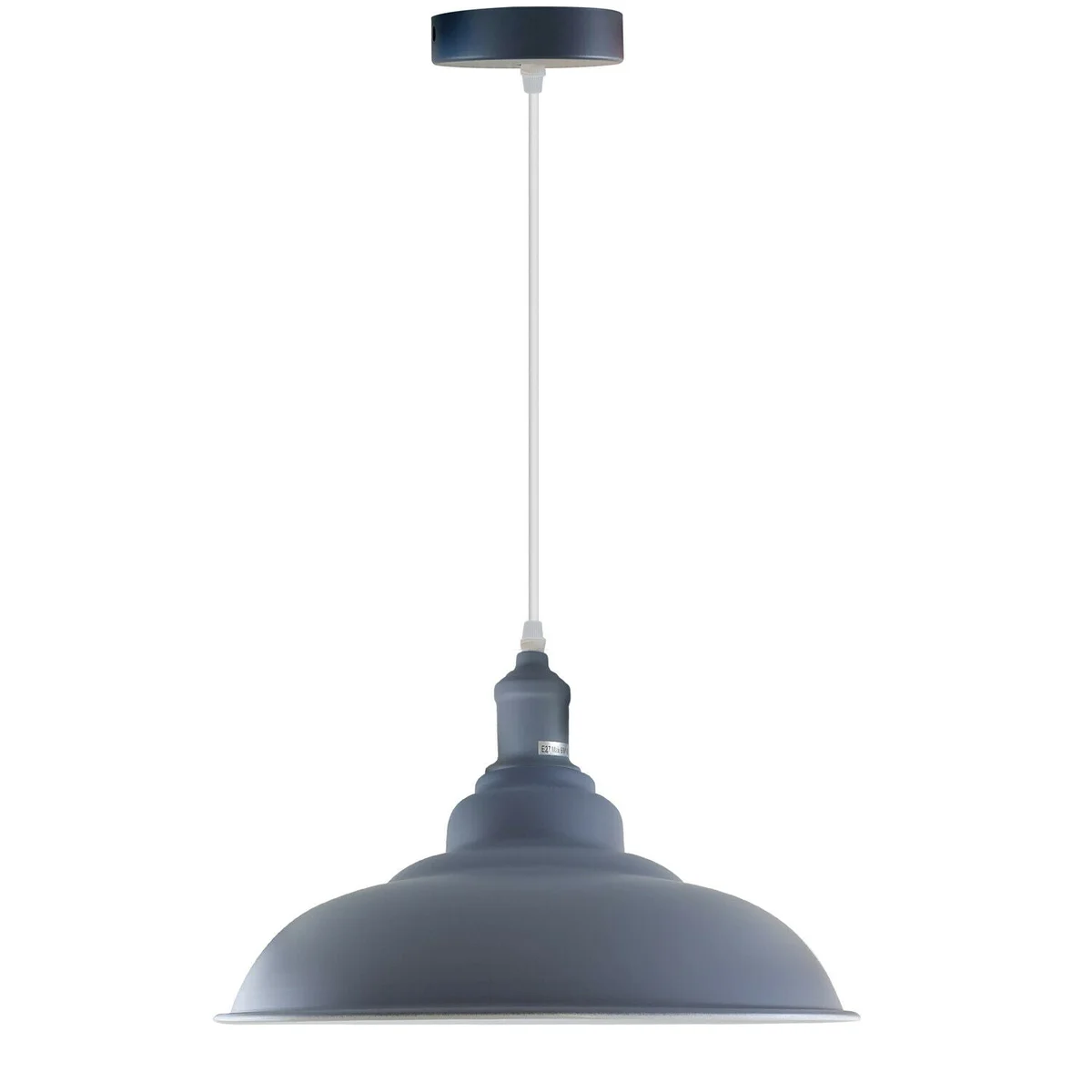 Grey pendant lamp shade, angled metal and PVC base, white interior dome, for sloped ceilings
