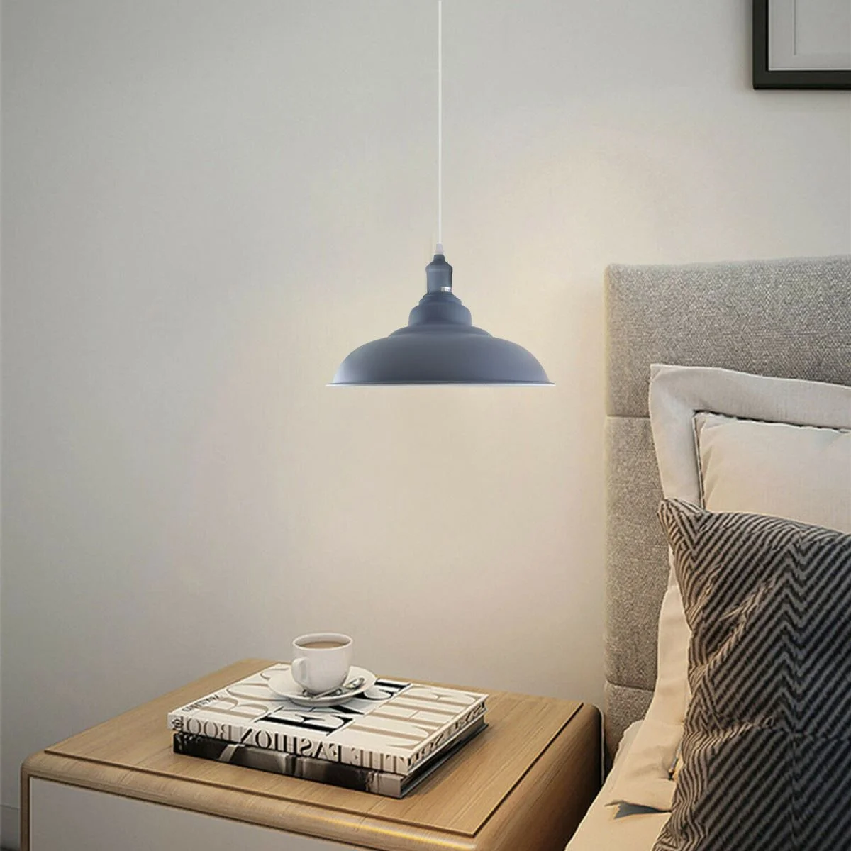 Grey metal pendant lighting with sleek dome shade, angled base, white interior finish, 95 cm cable.