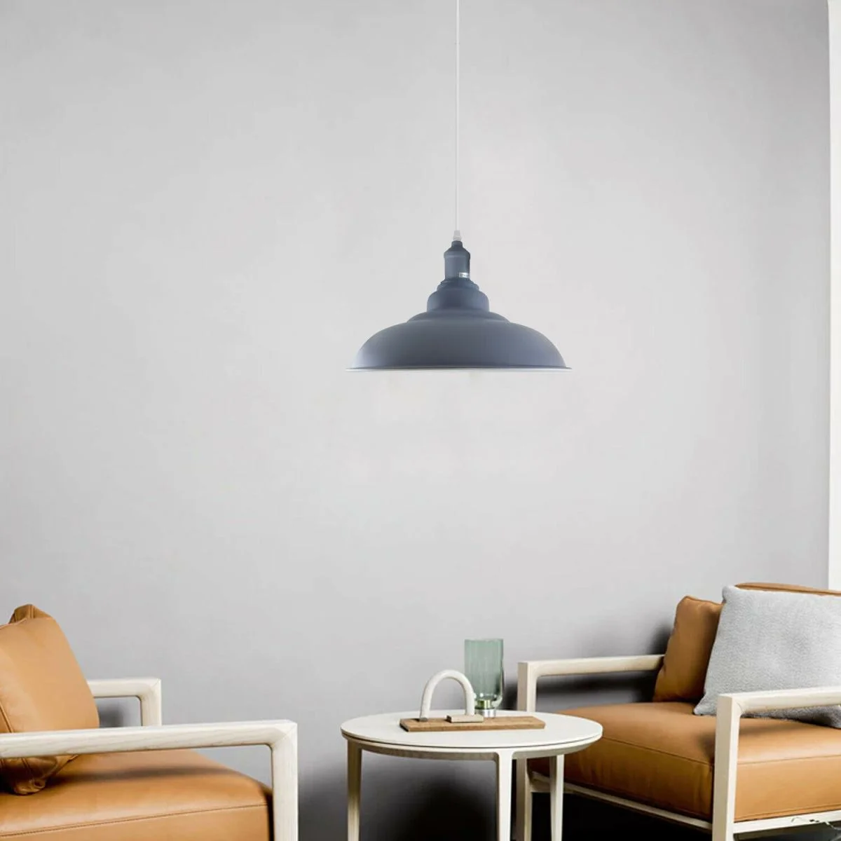 Grey retro kitchen pendant lamp with sleek dome shade, angled base, white interior hood, metal and PVC construction