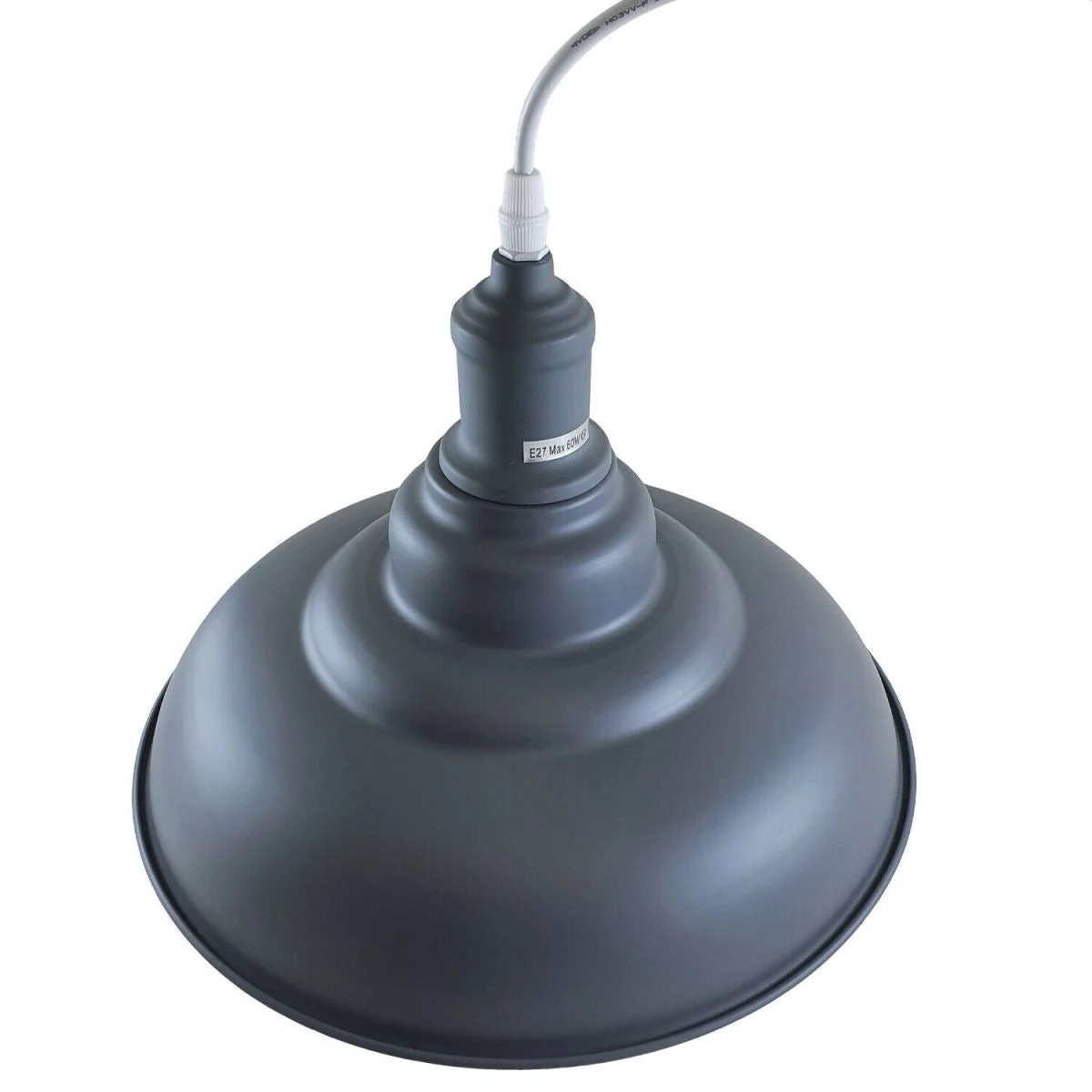 Grey modern industrial pendant light with metal frame, white-dome shade, 10 cm base, 95 cm cable, angled for sloped ceilings.