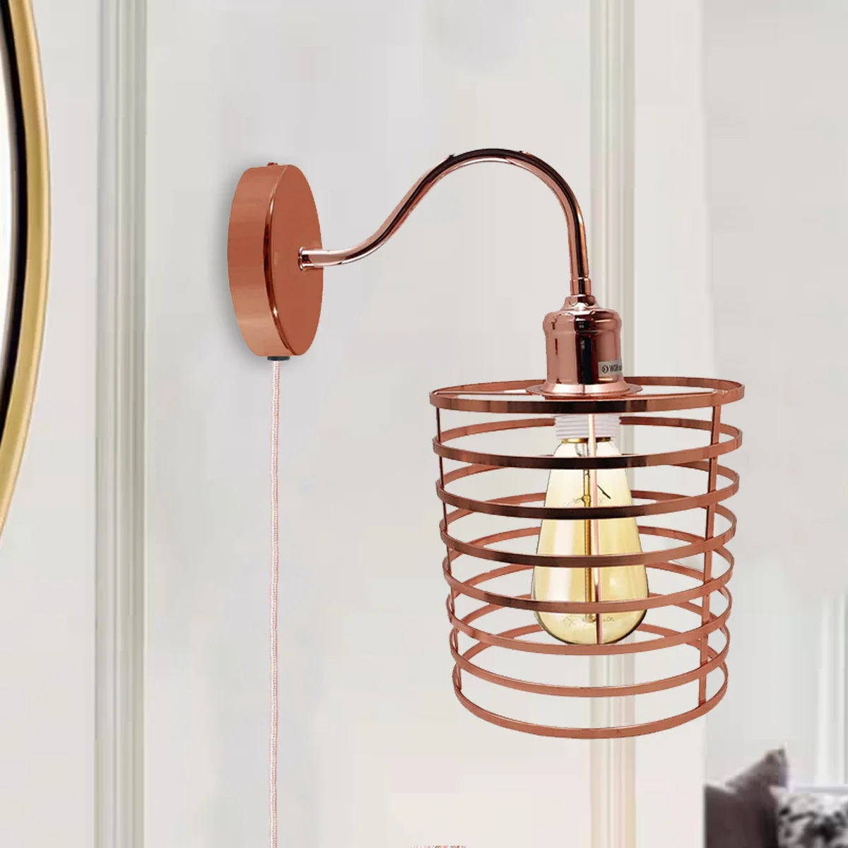 Retro industrial wall light in rose gold, metal frame with E27 socket, 18 cm diameter shade, plug‑in wall lamp.