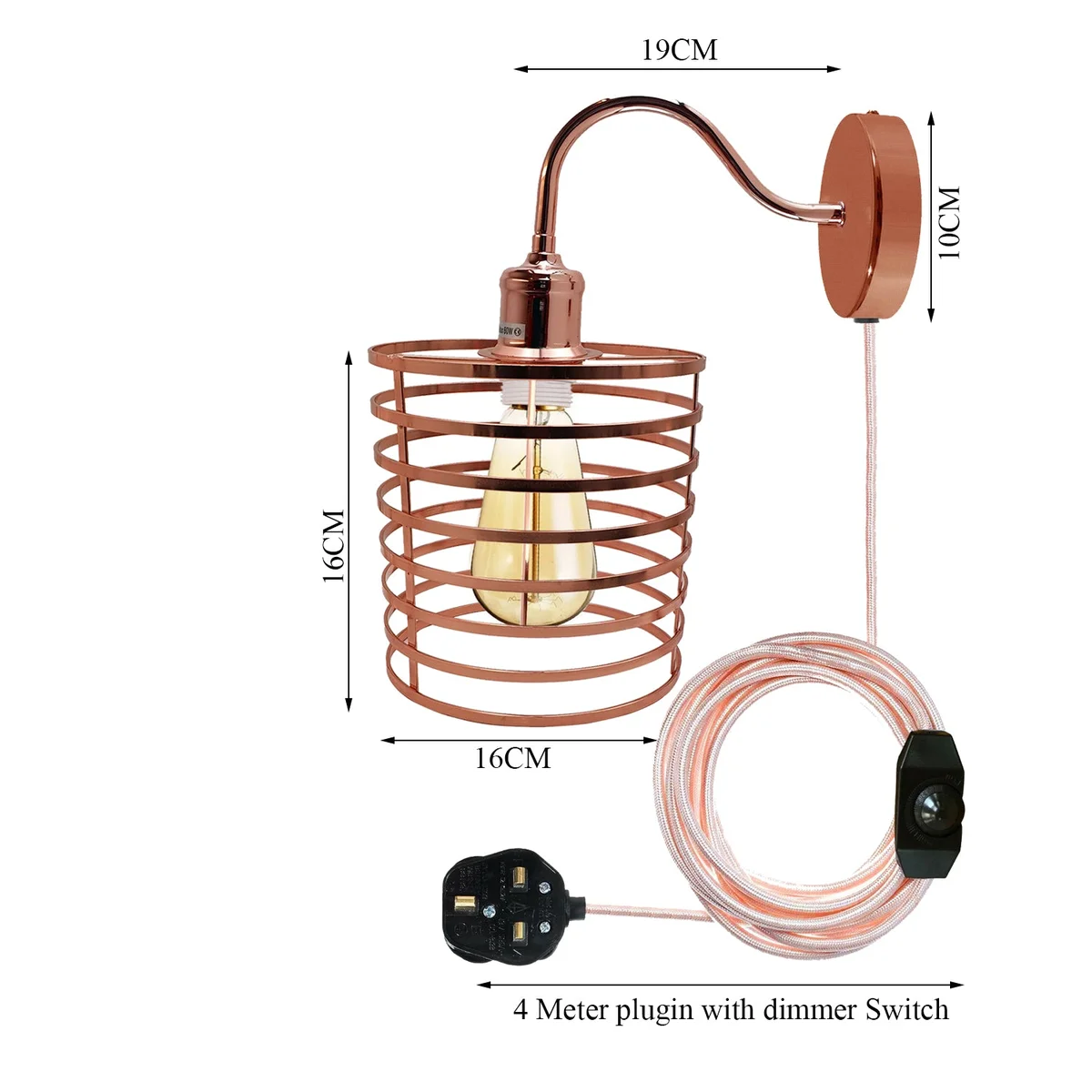Rose gold wall sconce with metal frame, plug‑in lamp and compact shade, visible on a wall.