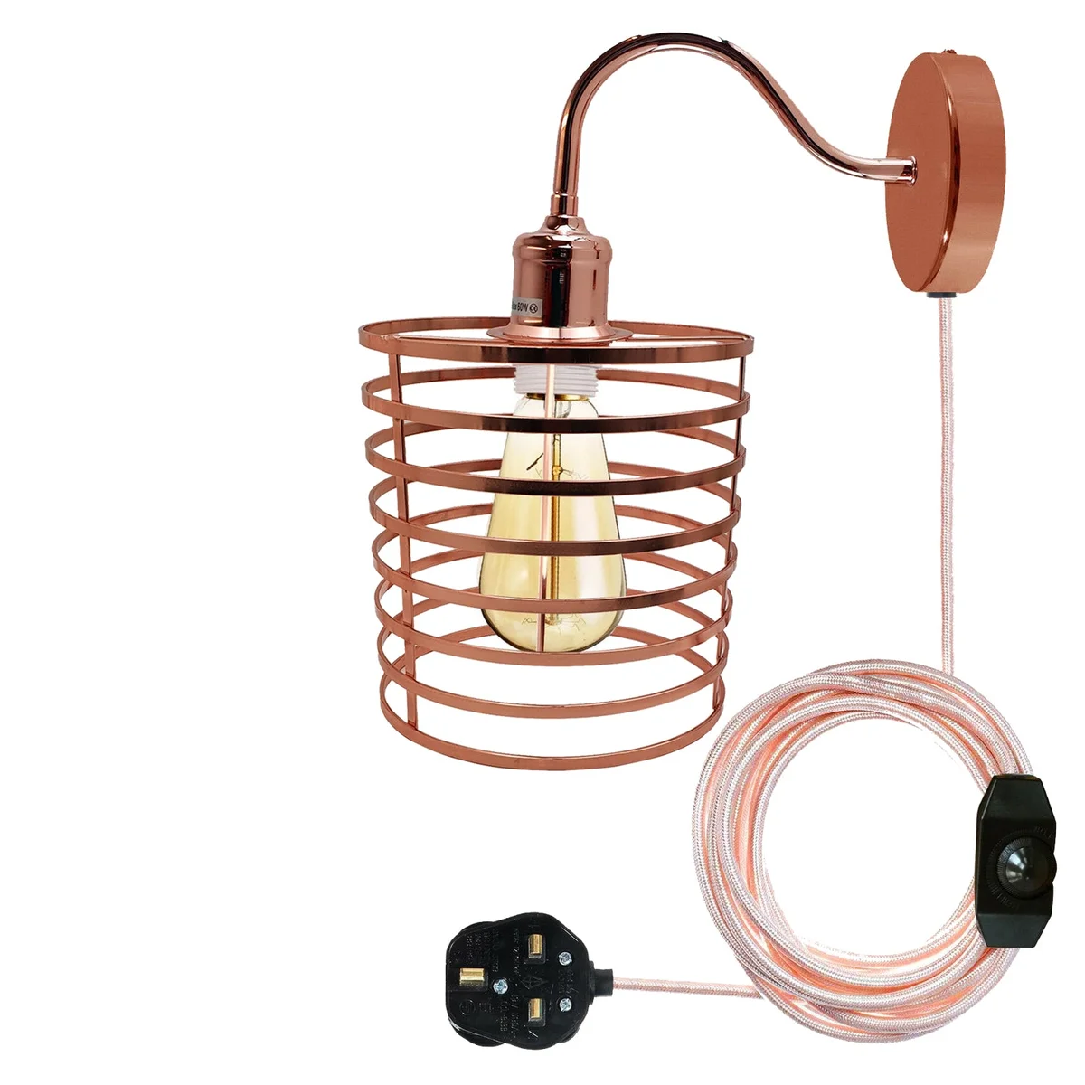 Rose gold retro industrial wall sconce with metal frame, E27 socket, circular shade – plug‑in industrial style lighting
