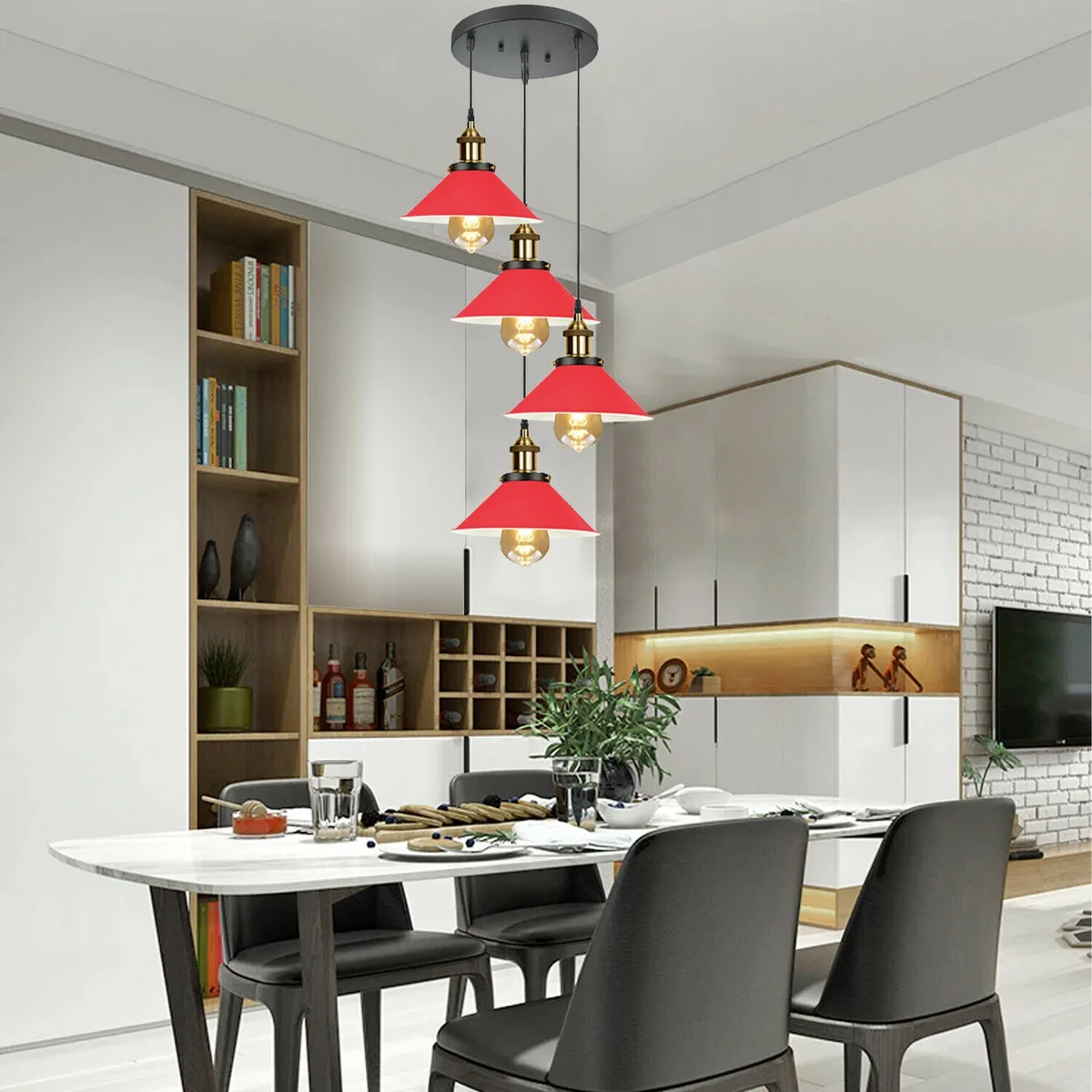 Industrial ceiling pendant light with four red and black metal lampshades, E27 bases, suspended on 95cm PVC cable.