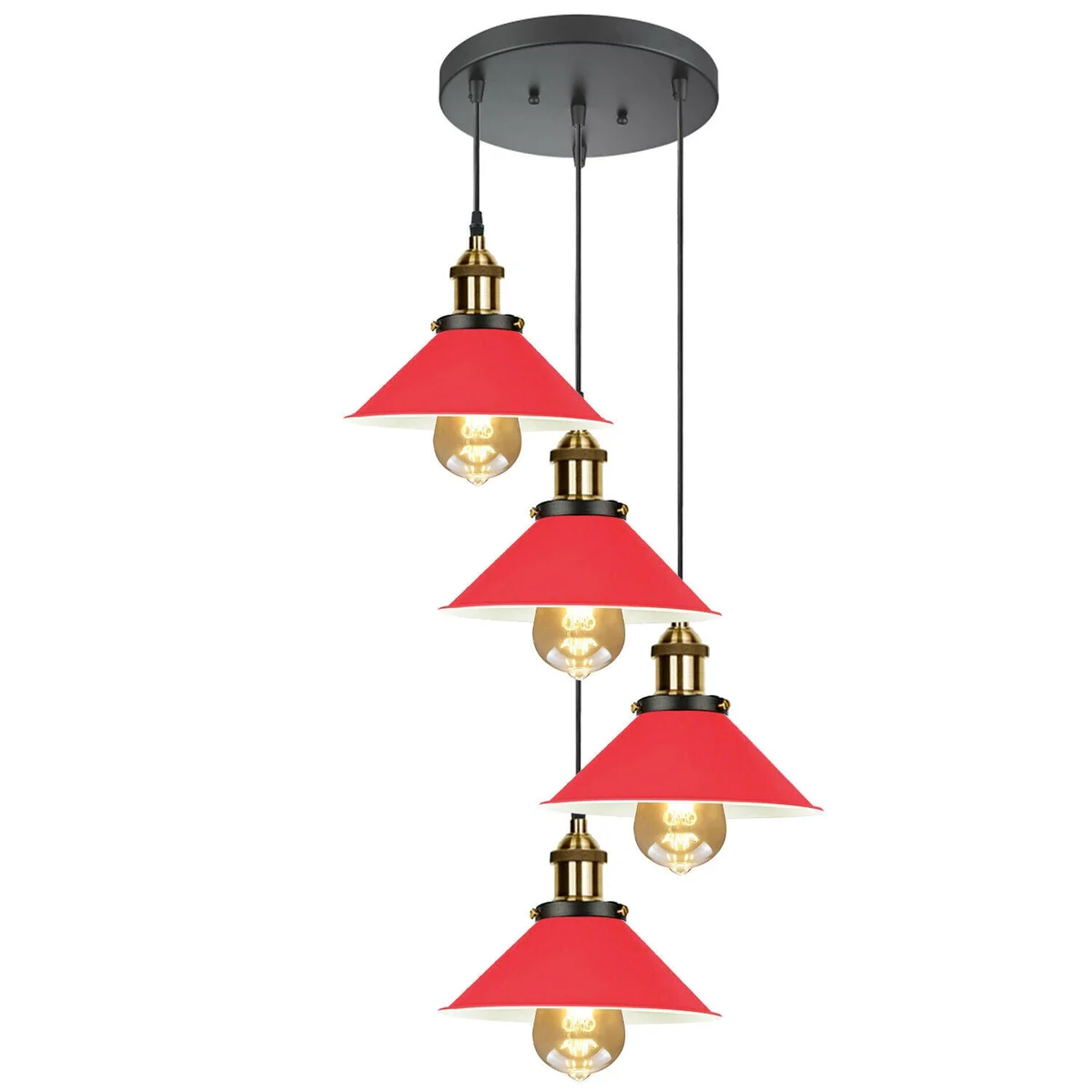Modern industrial chandelier with four metal and PVC light shades in red and black, hanging with a 95 cm cable above a 24 cm ceiling plate.