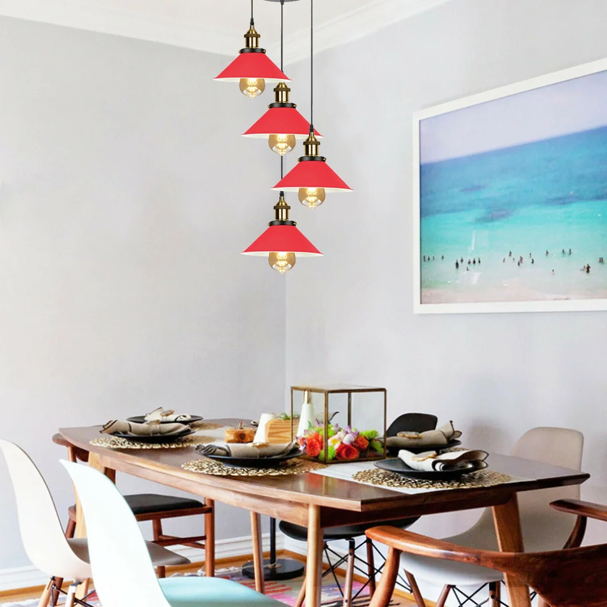 E27 pendant light with industrial design, metal frame and red and black PVC lampshades, 4 sockets on a 24 cm base.