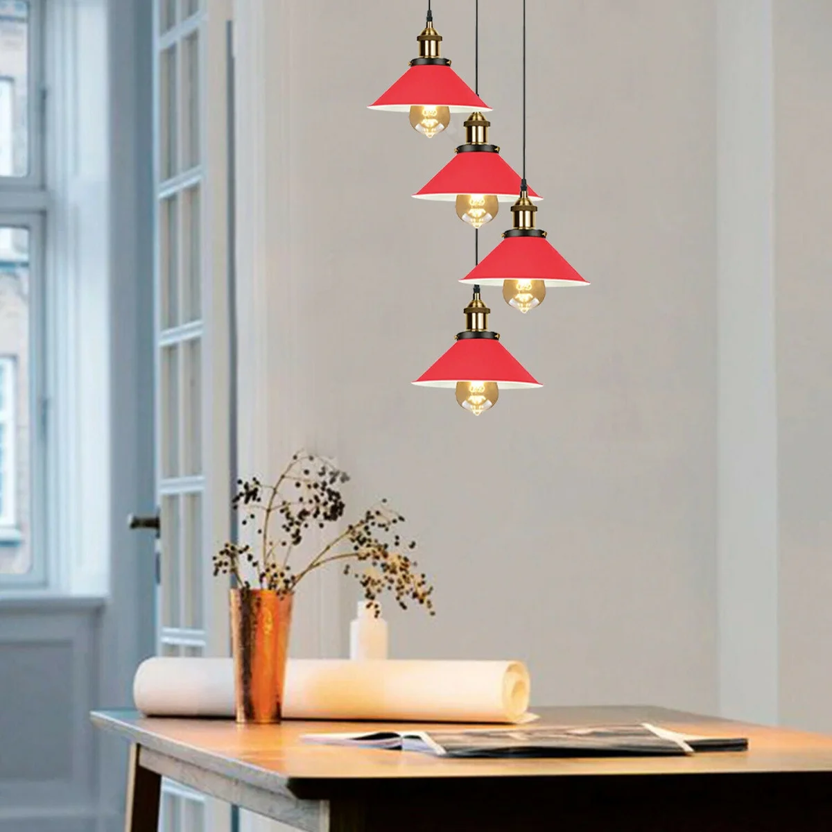 Metal ceiling light with red and black pendant, 4 metal shades and 95cm PVC cable.