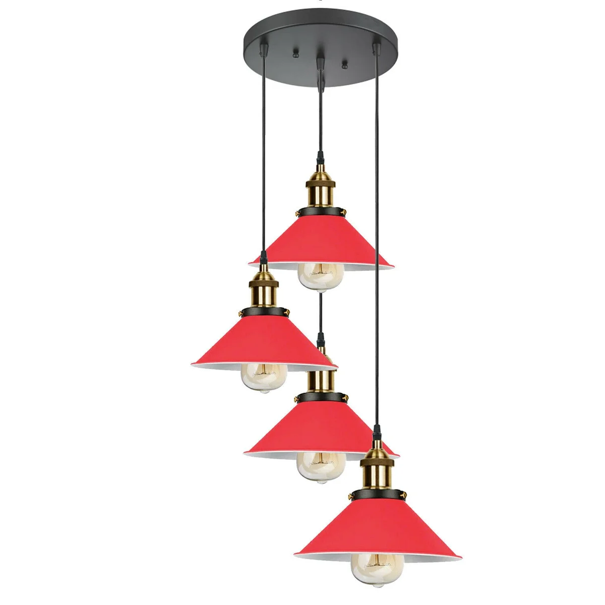 Modern industrial red and black metal and PVC chandelier with 4 pendant lamps and 95cm cable, ideal for restaurant pendant lighting.