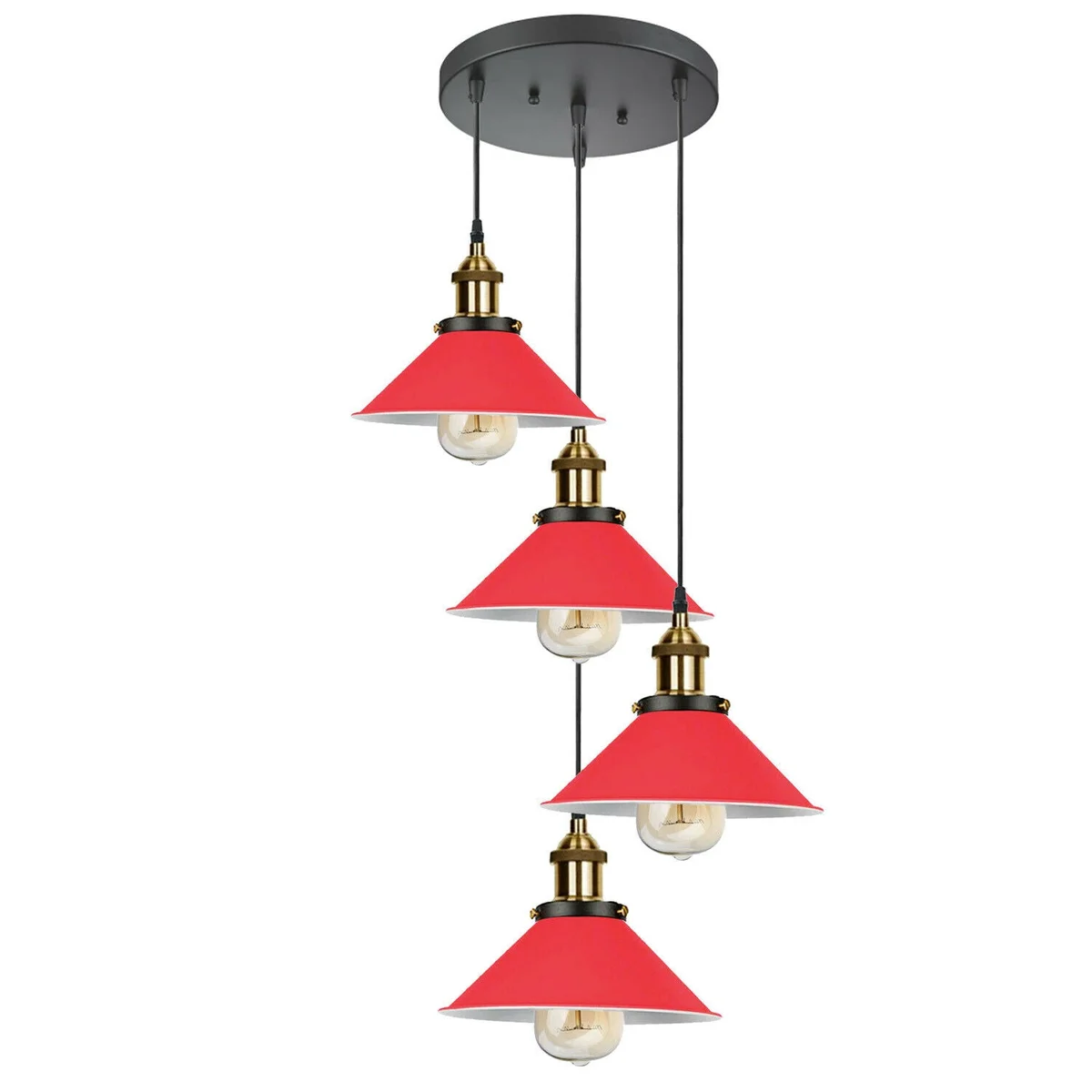 Red and black ceiling lamp with metal frame and PVC wire, 4 pendant shades hanging from 95 cm cable.