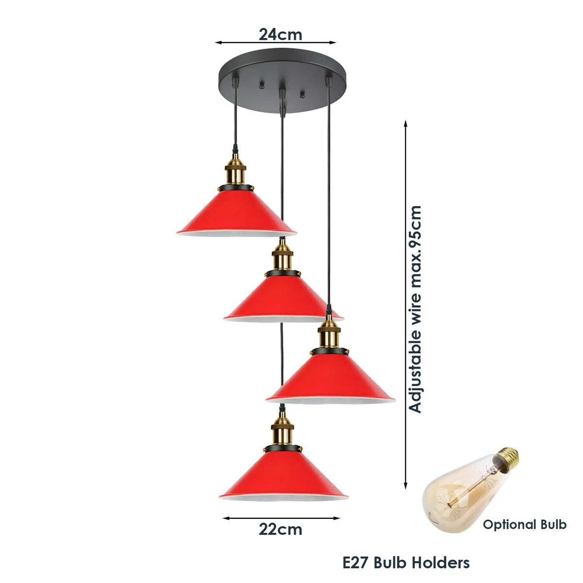 Red and black industrial ceiling pendant light with metal and PVC construction, four E27 holders and 95cm cable.