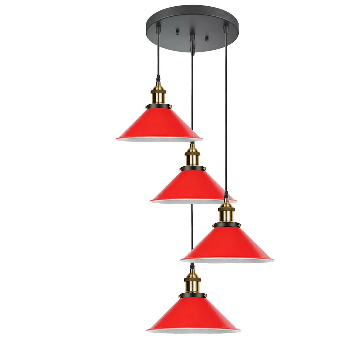Modern industrial ceiling pendant light with metal frame, black and red shades, E27 base, four lamps.