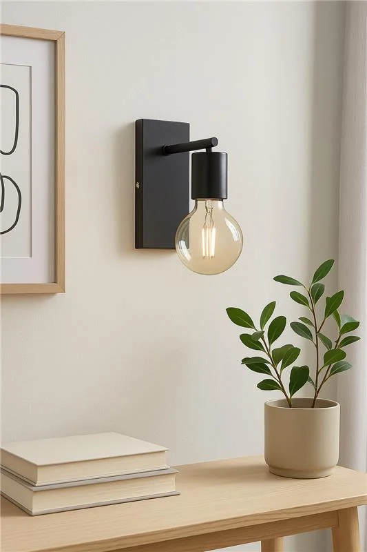 Vintage wall lamp with black wood base stamped with wrought iron bracket, E27 screw holder, industrial style.