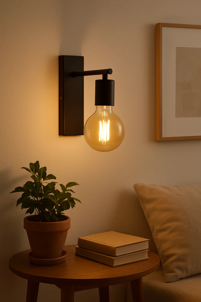 Industrial wall sconce with black wood base, wrought iron bracket, vintage metal & wood design, suitable for kitchen or hallway.