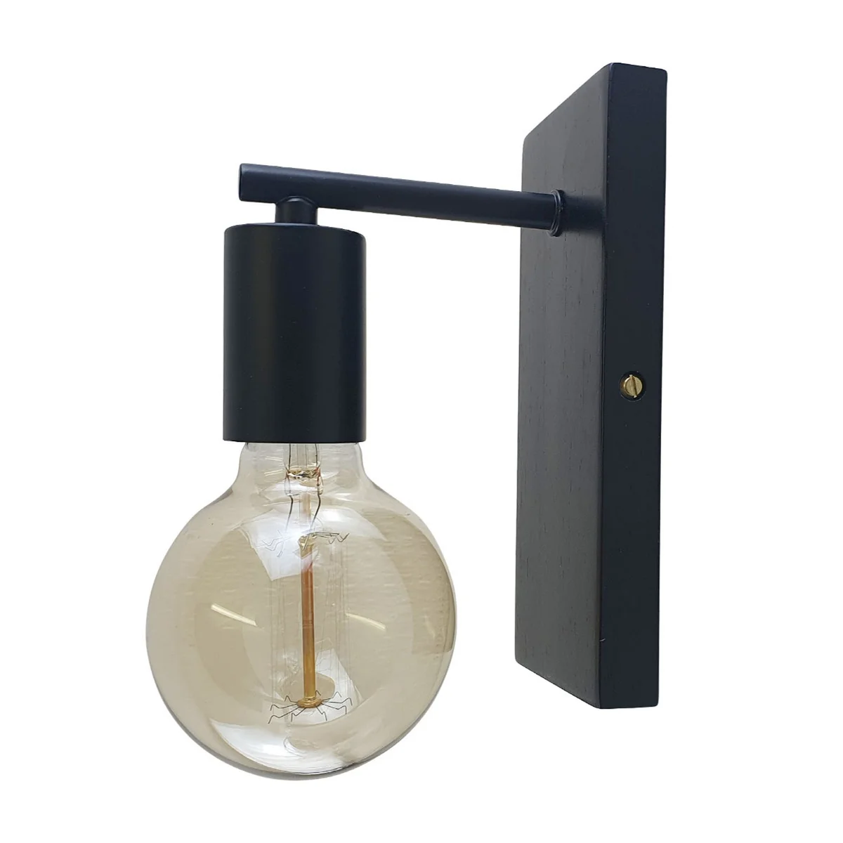 Black wall light with wooden base, classic vintage metal design, includes E27 socket and bulb.