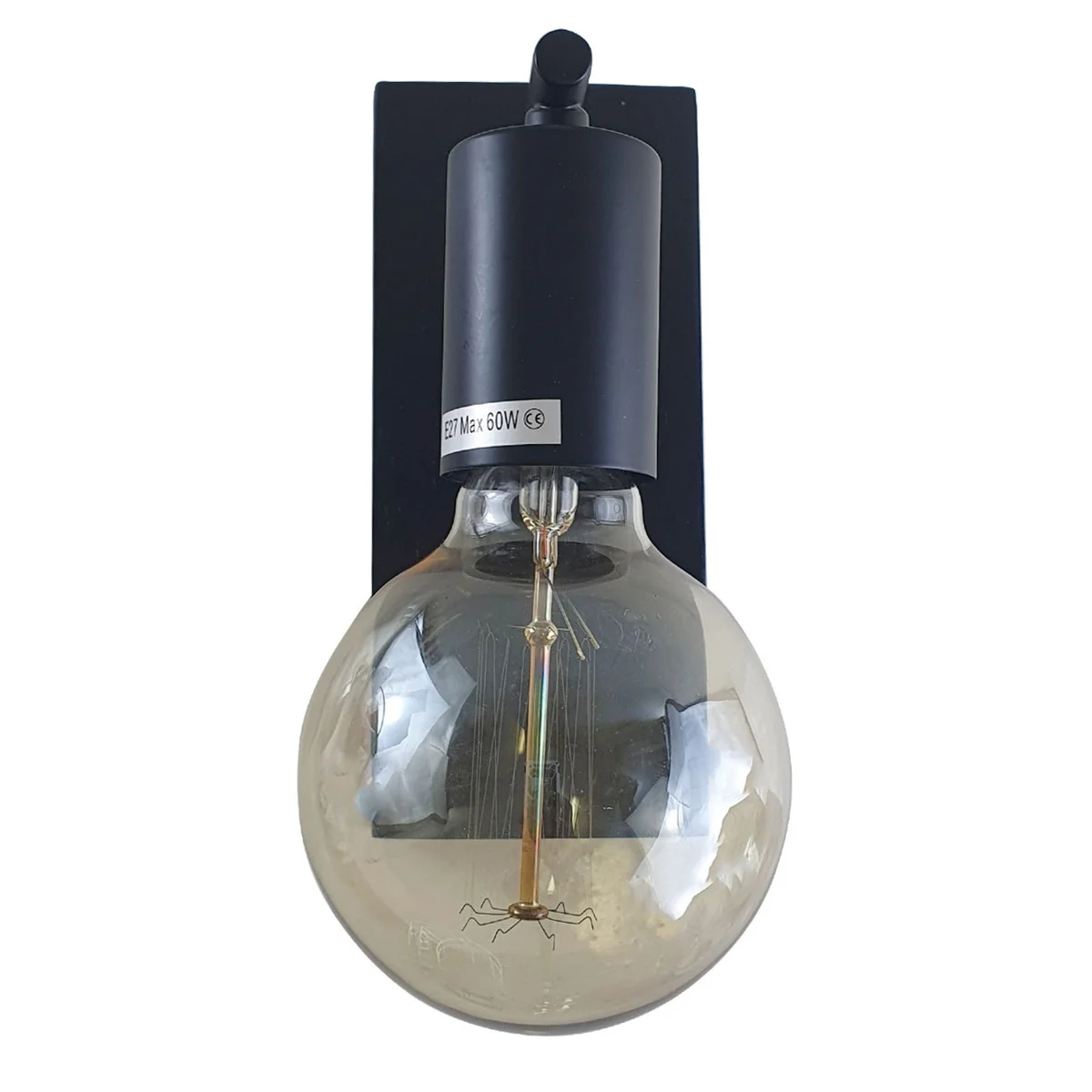 Black wood base wall lamp with metal wrought iron bracket, classic vintage style.