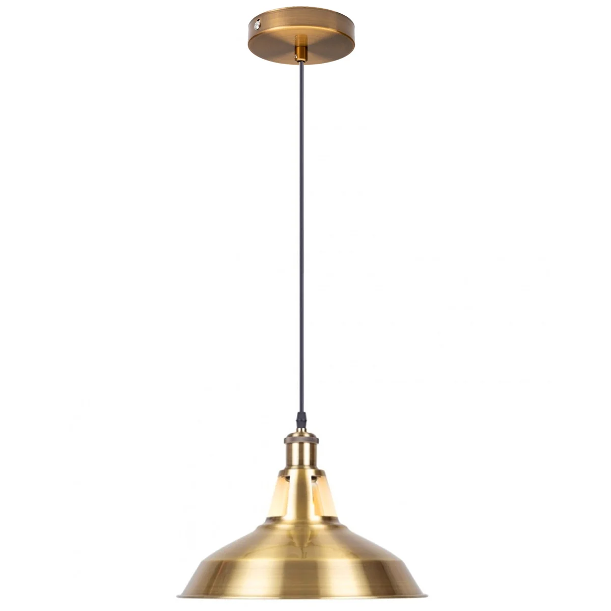 Vintage industrial pendant light in yellow brass, hanging on a 95cm cable with a 10cm ceiling rose for loft interiors