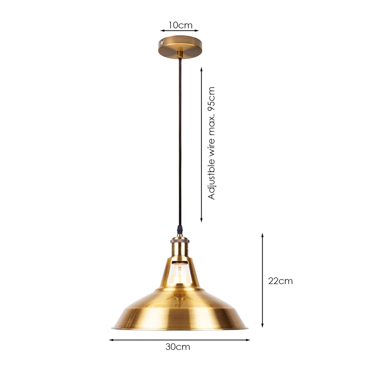 golden yellow brass pendant light suspended on 95cm cable, metal housing with flat rose, bright retro finish