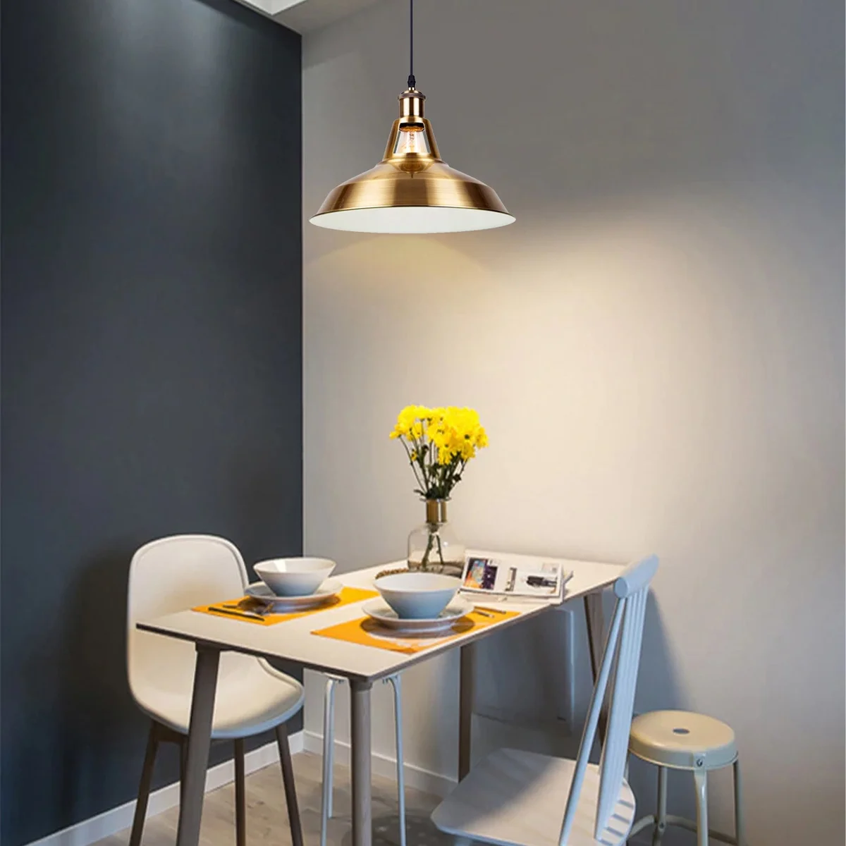E27 fitting pendant light with yellow brass metal body, pendant hanging on 95 cm cable, stylish industrial fixture
