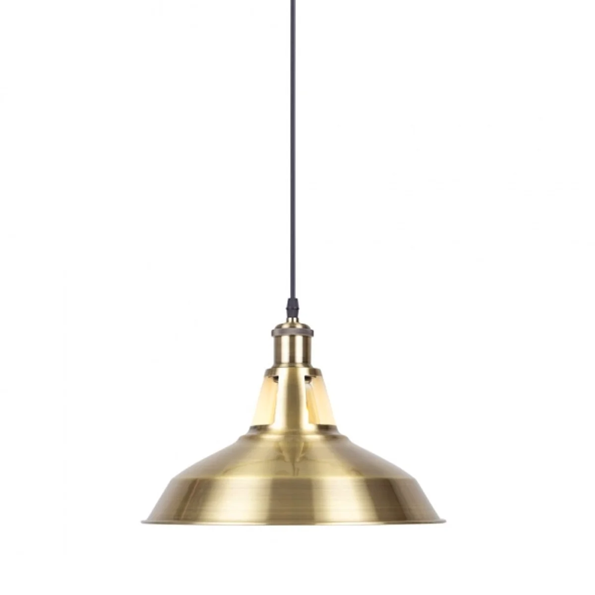 Vintage industrial pendant light in yellow brass, metal frame with 95cm cable hanging from a 10cm ceiling rose