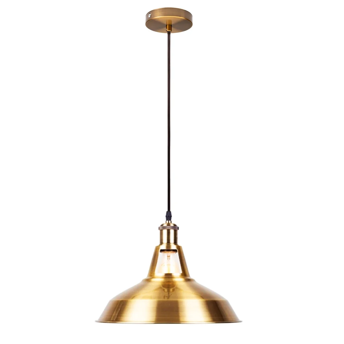 Vintage industrial pendant light with yellow brass housing, 10cm ceiling rose and adjustable 95cm cable