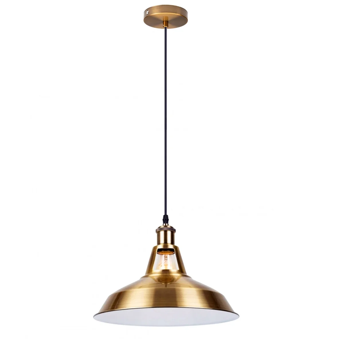 Vintage industrial pendant light with yellow brass finish, metal frame, 95cm cable, 10cm ceiling rose, hanging over a table