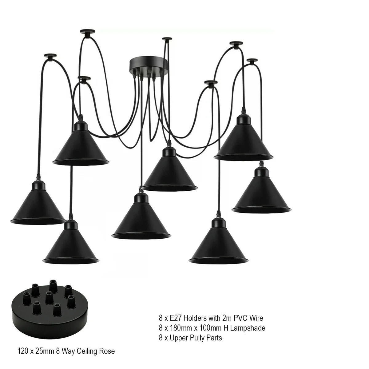 Black iron multi outlet ceiling light with 8 retro shades and 2 m cable, styled for kitchens and living rooms.