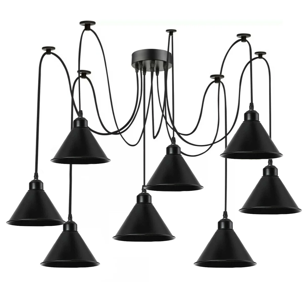 Industrial ceiling pendant with 8 black metal Edison‑style filaments hanging from ceiling, 2m cable.