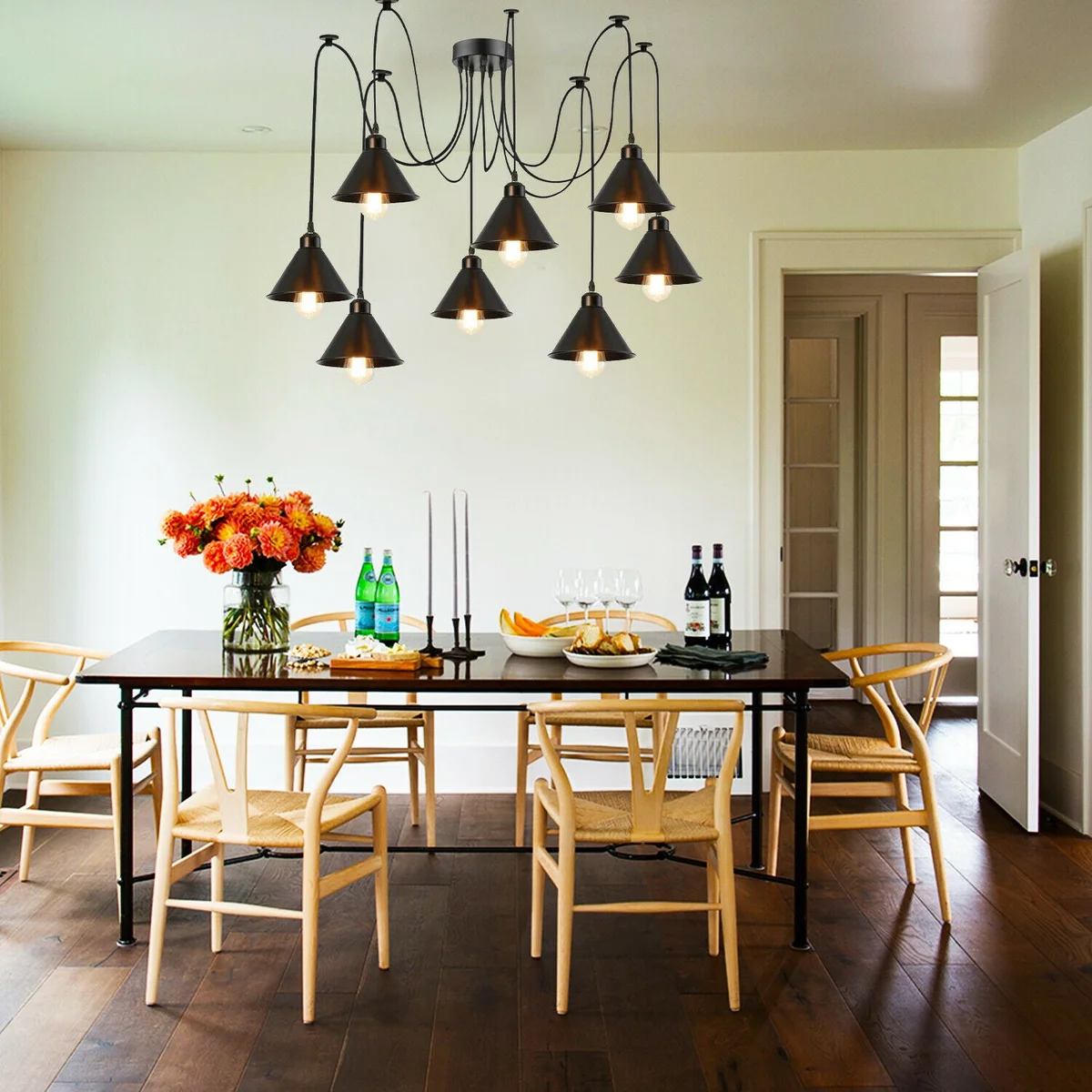 8‑head retro style ceiling light with black metal shades and E27 holders on a 2 m PVC cable