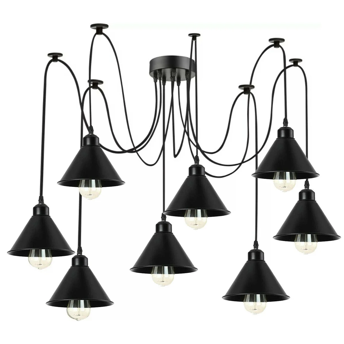Eight‑shaded black metal ceiling light hanging with 2m cable, Edison style.