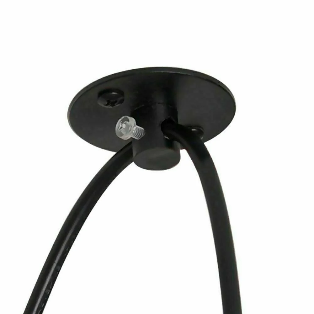 Black iron 8-way ceiling pendant light with metal shade, showing modern retro style, hanging from ceiling with 2m cable