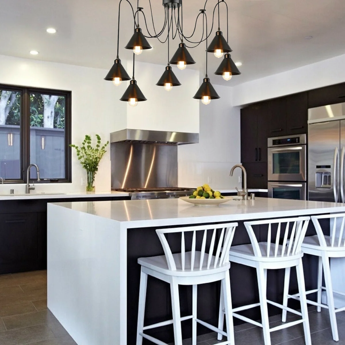 Black iron 8 way ceiling pendant light with Edison filament style, 8 brass-lit bulbs, 2m cable, art deco design.