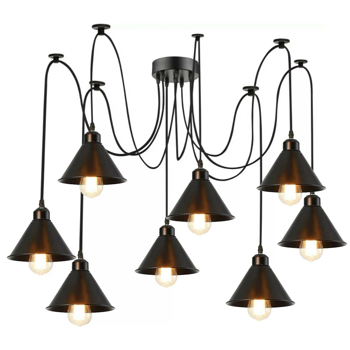 8 way ceiling pendant light with black iron retro style, 8 brass filament shades, 2m PVC cable hung over a dining area
