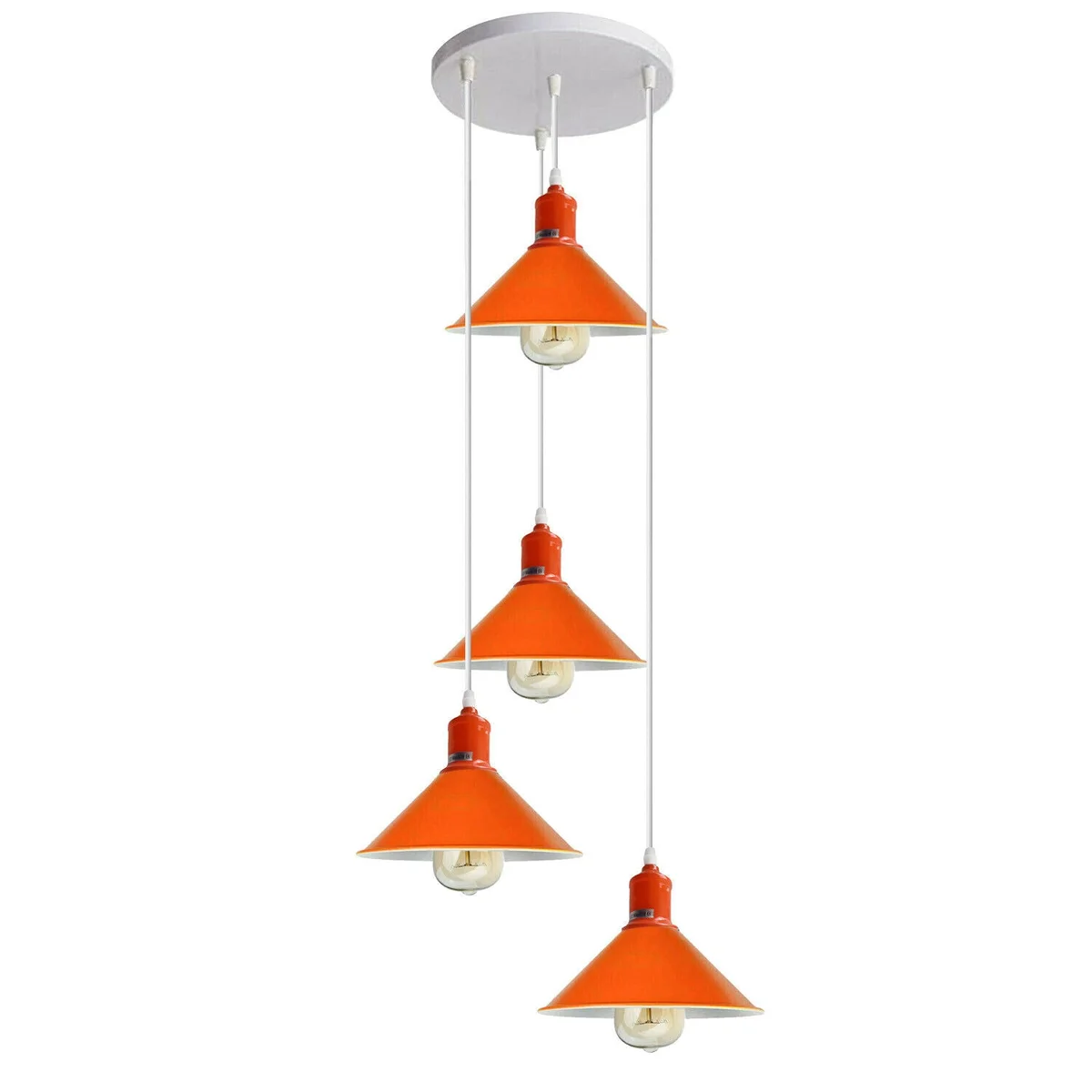 Orange ceiling light with four metal and PVC shades, round orange and white e27 outlets, 95cm cable, industrial design.