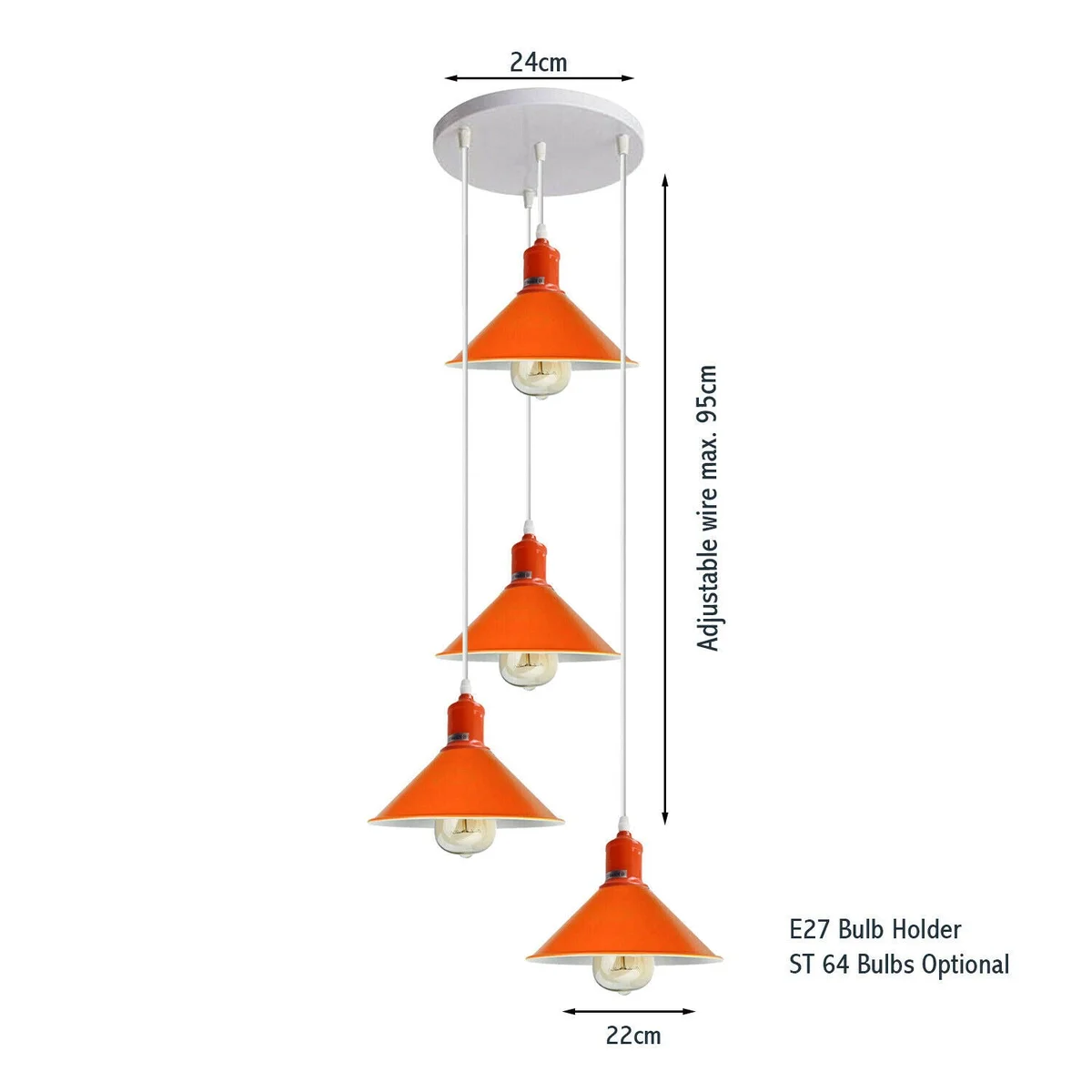 Four-outlet orange industrial light shade chandelier on metal frame with PVC cable, round 24cm plate, and white cones.
