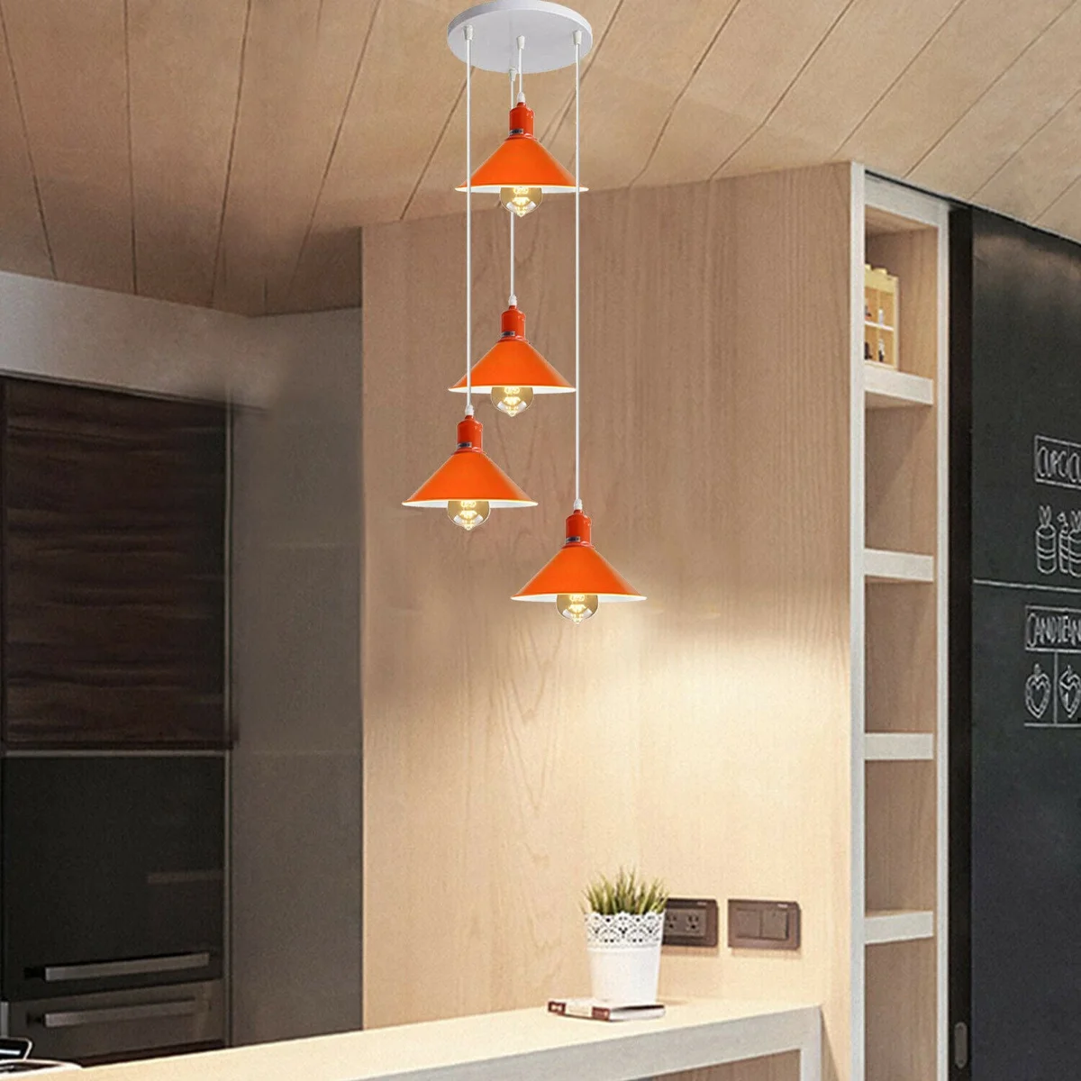 Four outlet chandelier hanging from ceiling, orange metal frame with white PVC shades and four E27 lamp holders