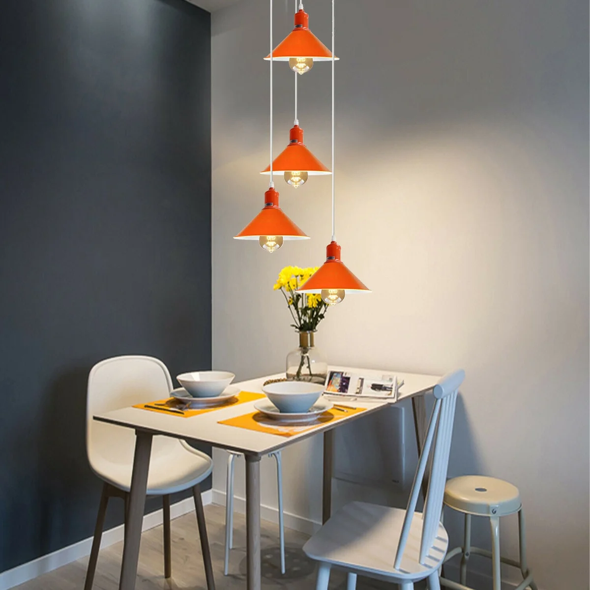 Orange and white metal E27 pendant lamp with four clear shades, 3 sockets, 95cm cable and 24cm ceiling plate.