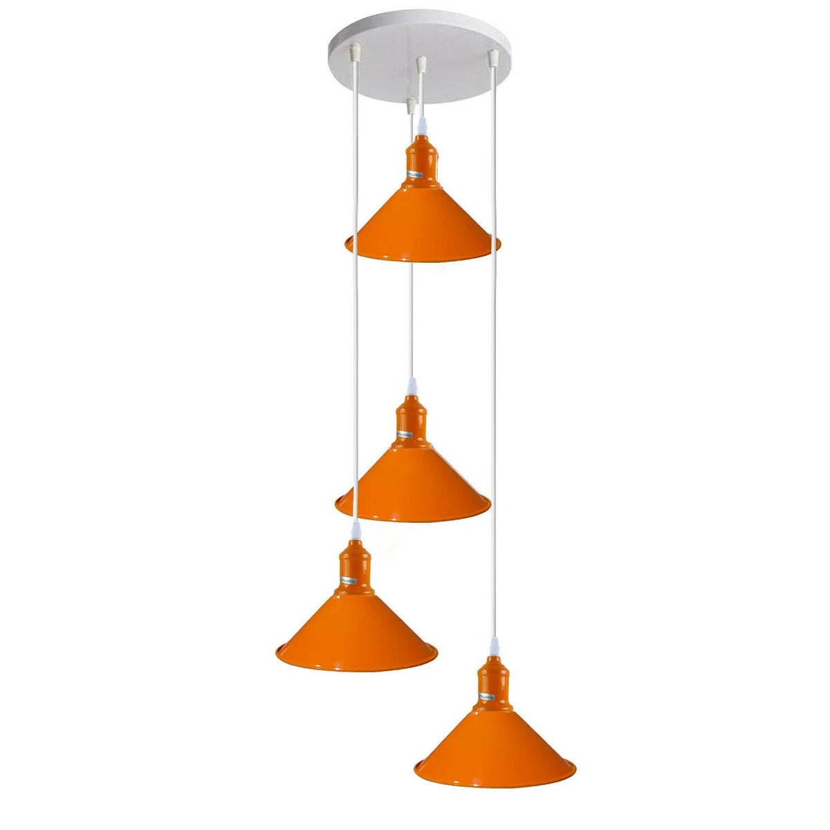 Four‑outlet retro modern ceiling pendant in orange and white metal, with 4 adjustable shades and 95 cm cable