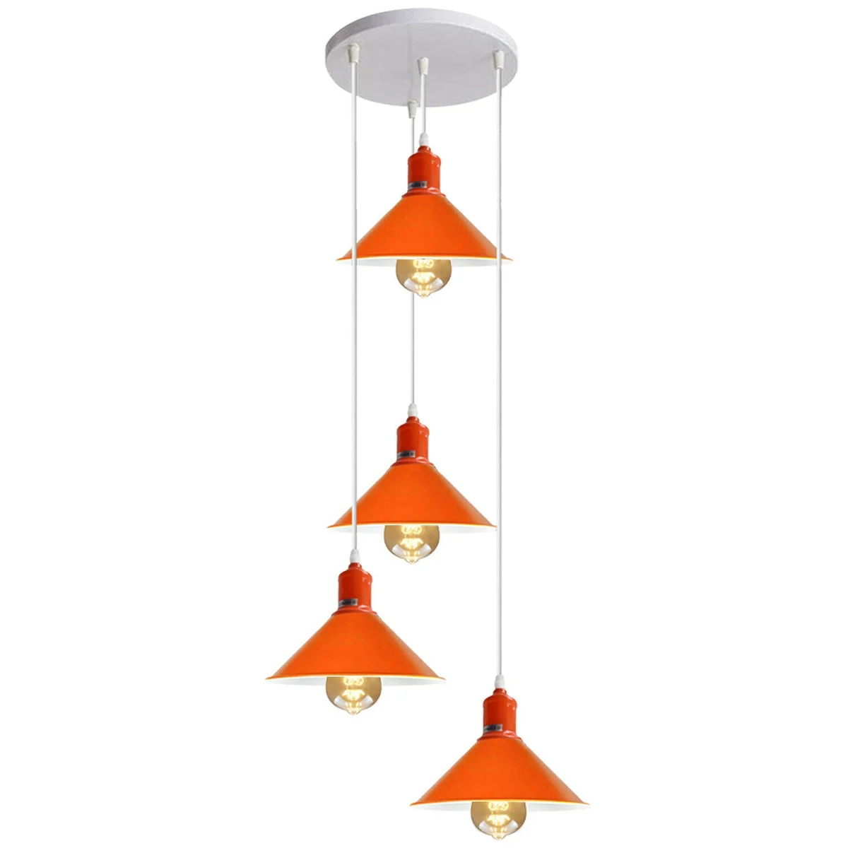 Orange and white four‑outlet retro modern ceiling pendant with metal frame and PVC wire, 95 cm cable, 3 E27 holders