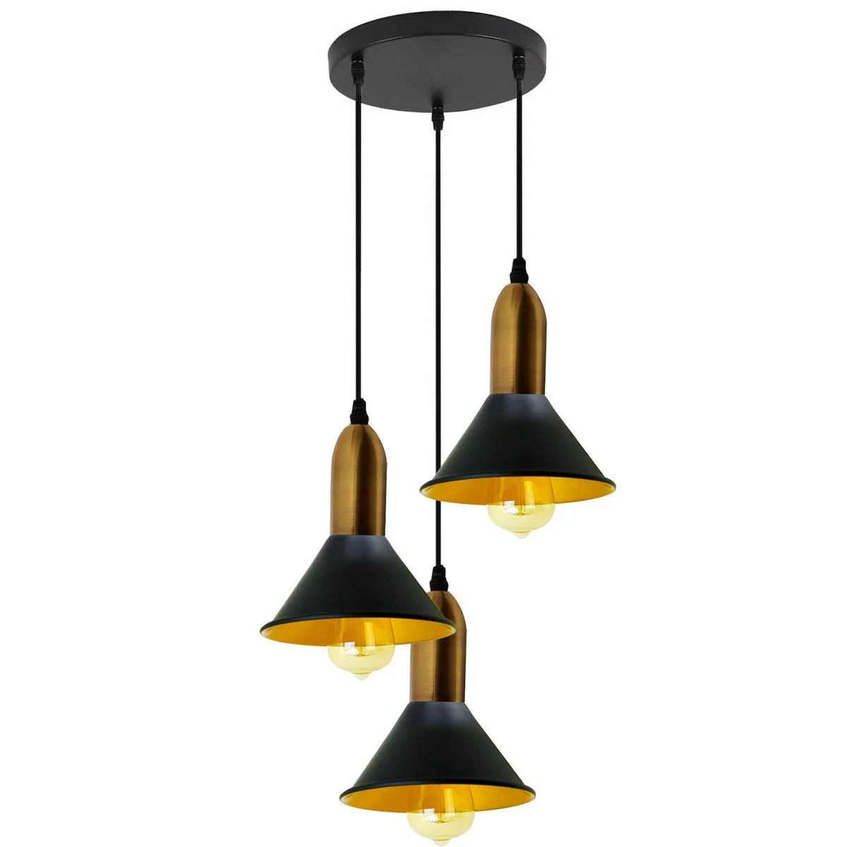 Black metal pendant light with three hanging black shades, metal and PVC construction, 95 cm cable.