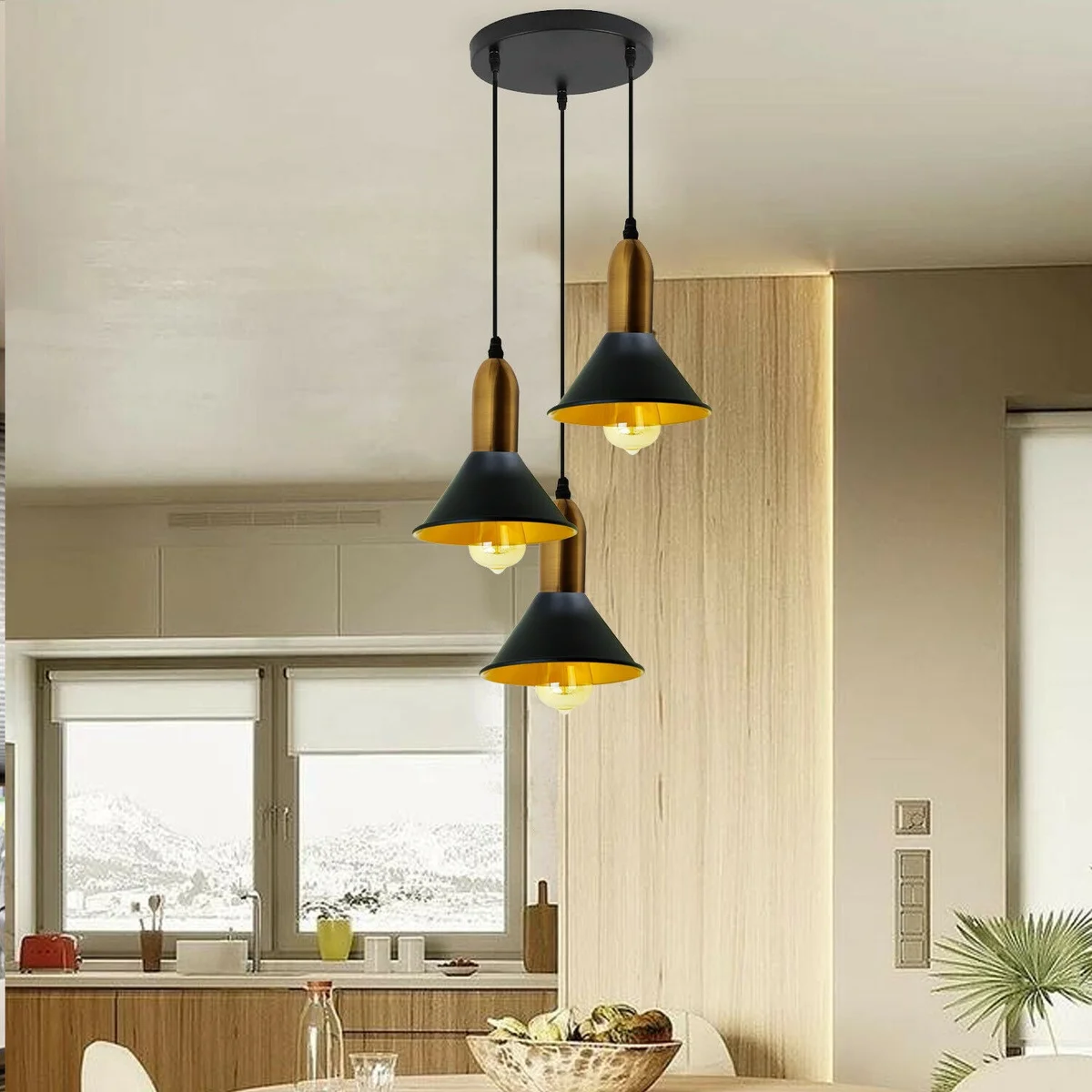 Black pendant lighting fixture with three metal shades, PVC cable, E27 lamp holders, ceiling plate