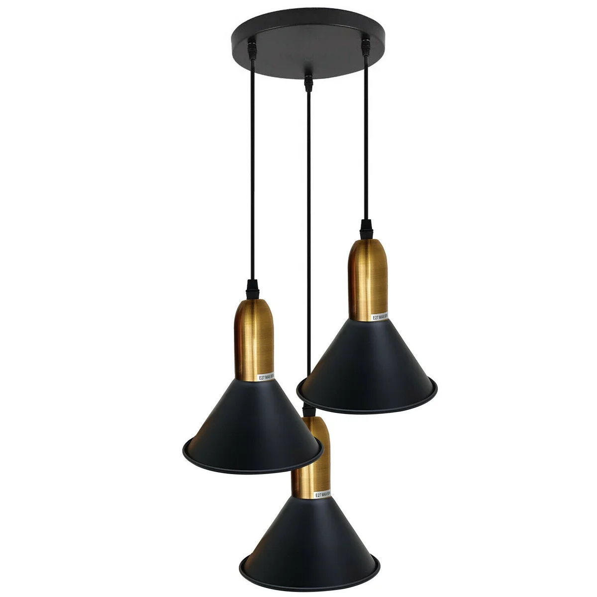 Black metal hanging light shade with a PVC cable light shade showing 3 panes, for E27 lamps.