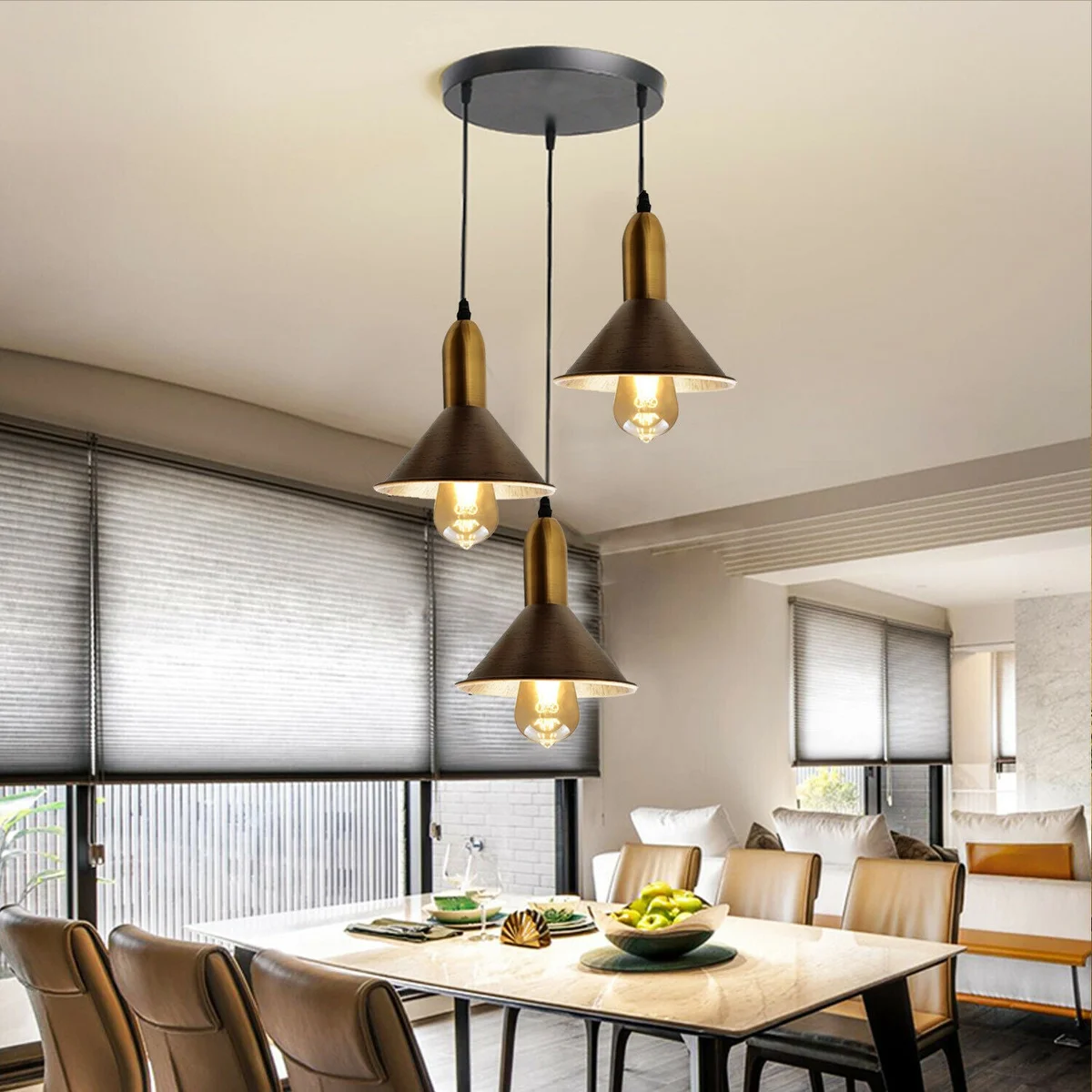 Brushed copper 3‑point ceiling light with metal and PVC housing, three light holders and shades, attached to a 20 cm ceiling plate.