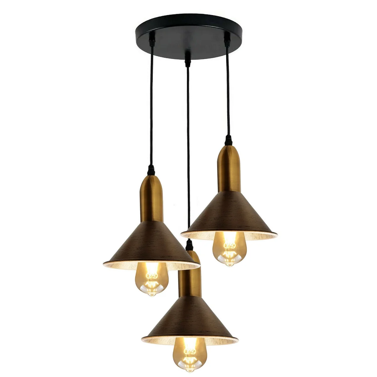 Brushed copper E27 pendant light with three metal shades, mounted on a round ceiling rose, with a 95cm PVC cord