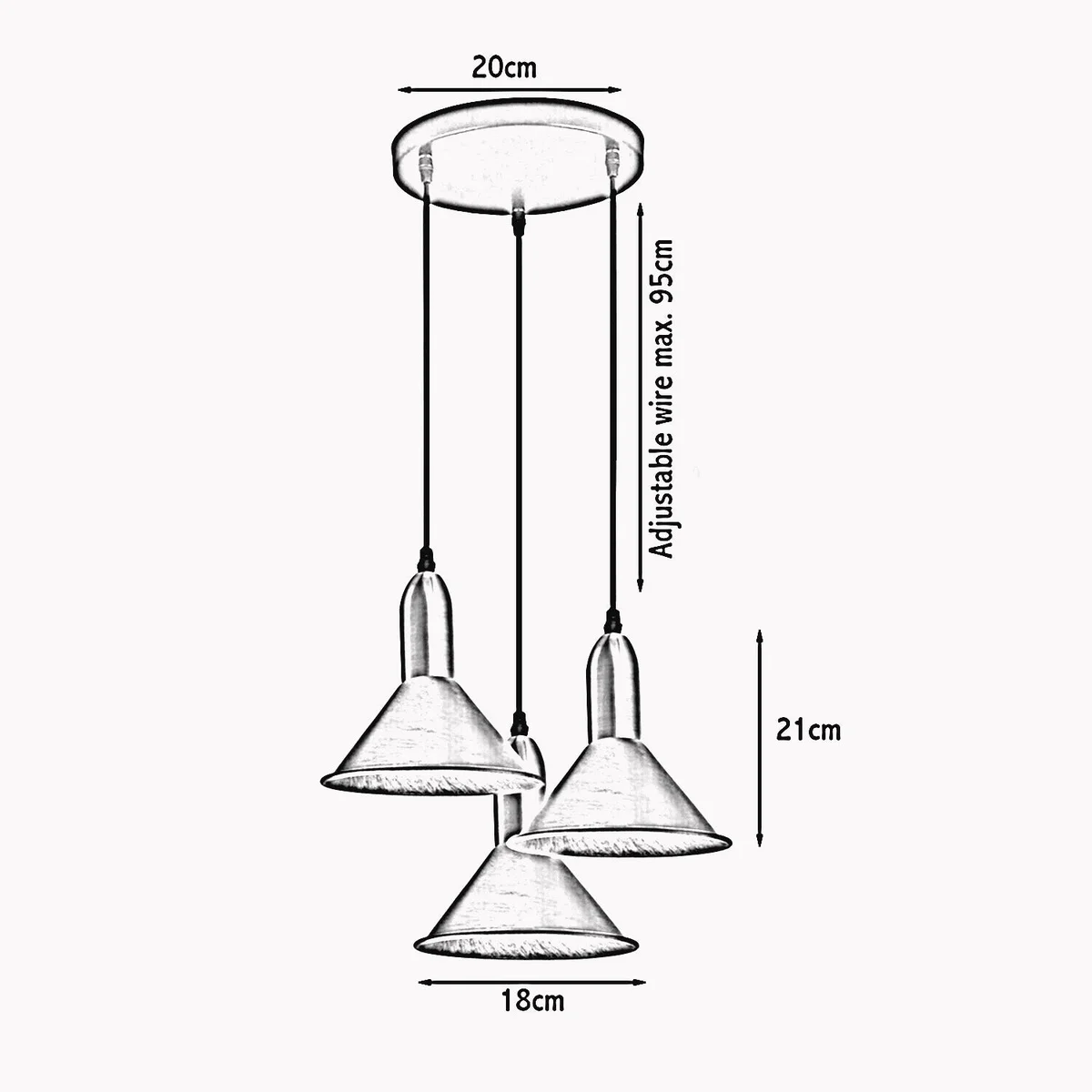 Brushed copper metal ceiling light with 3 hanging shades and a 20cm plate, cable visible, E27 sockets