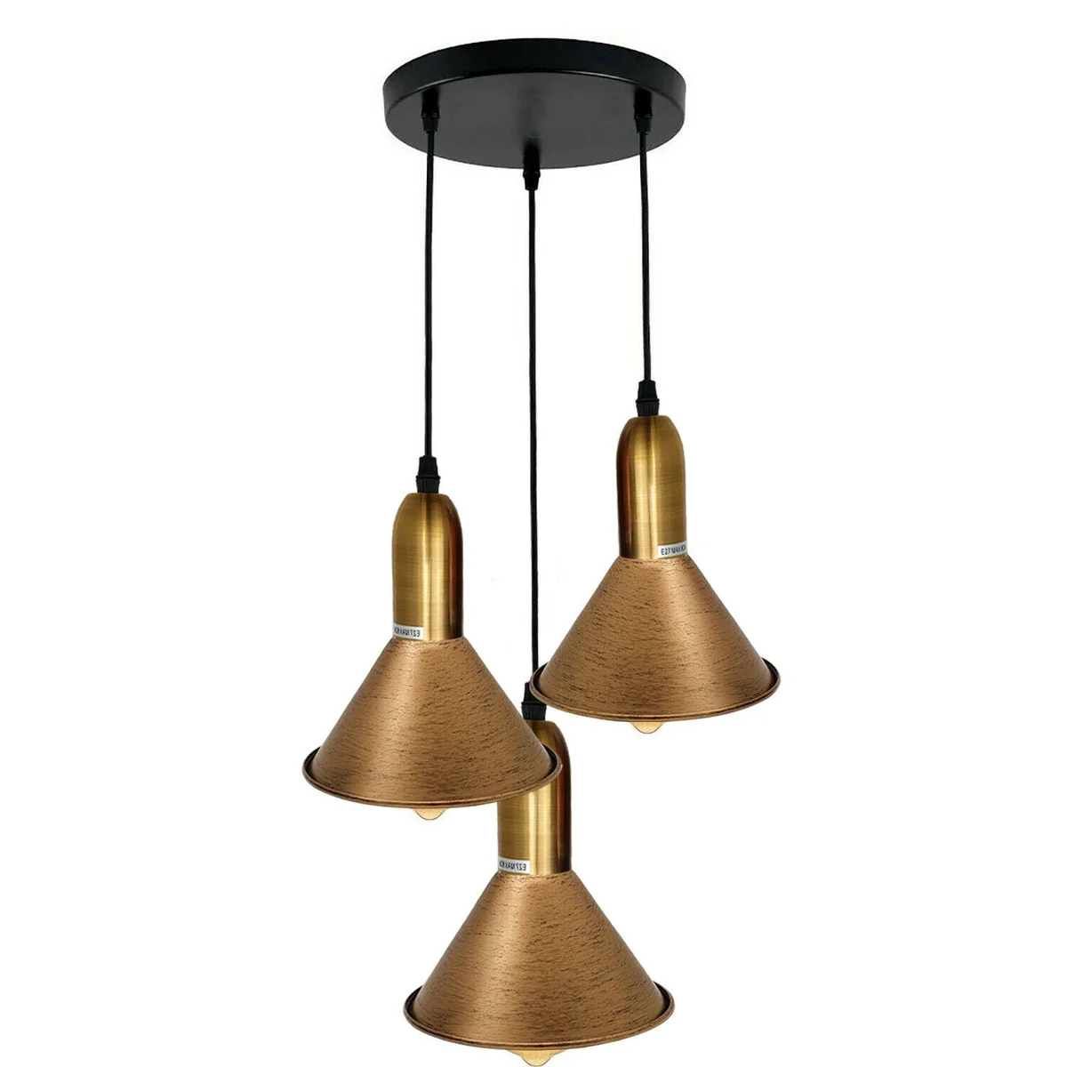 Brushed copper multi drop ceiling light with three E27 holders, metal and PVC construction, attached to 95cm cable