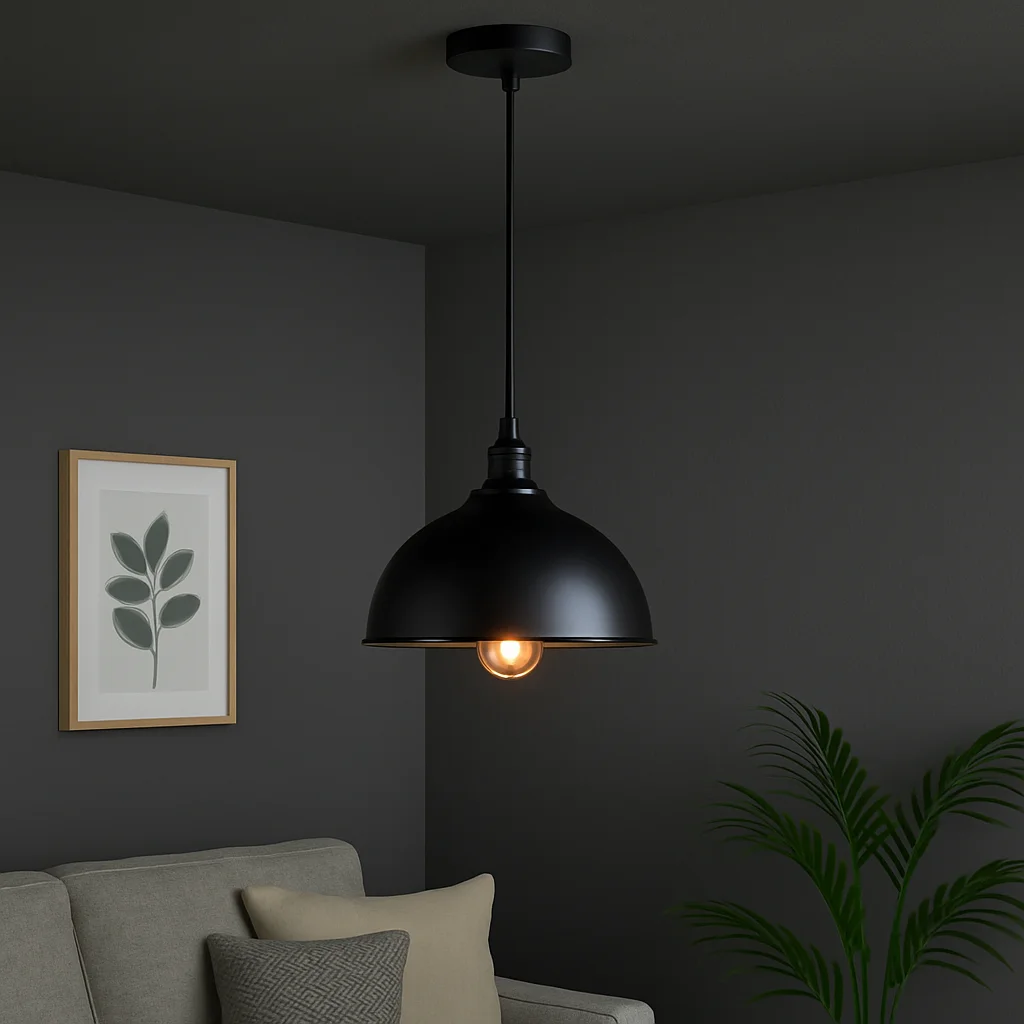 Sleek black iron modern pendant light hanging from ceiling with drop shade