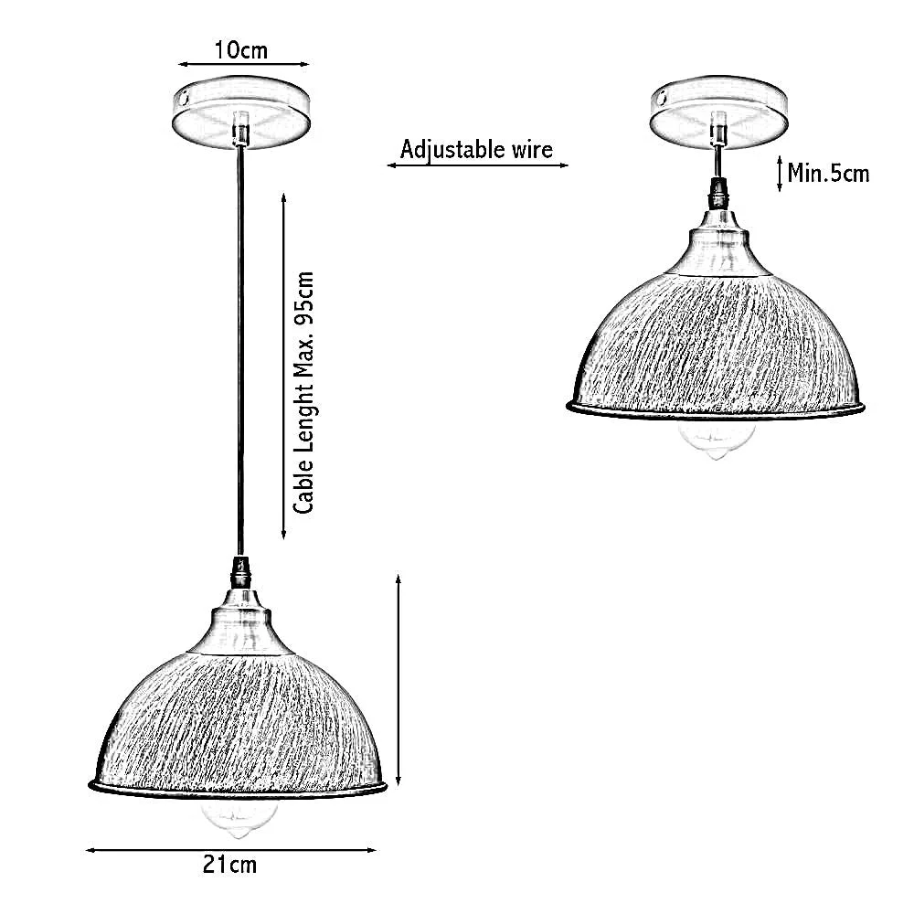E27 pendant light in sleek iron, black finish, 210 mm shade, hanging from ceiling, warm glow.