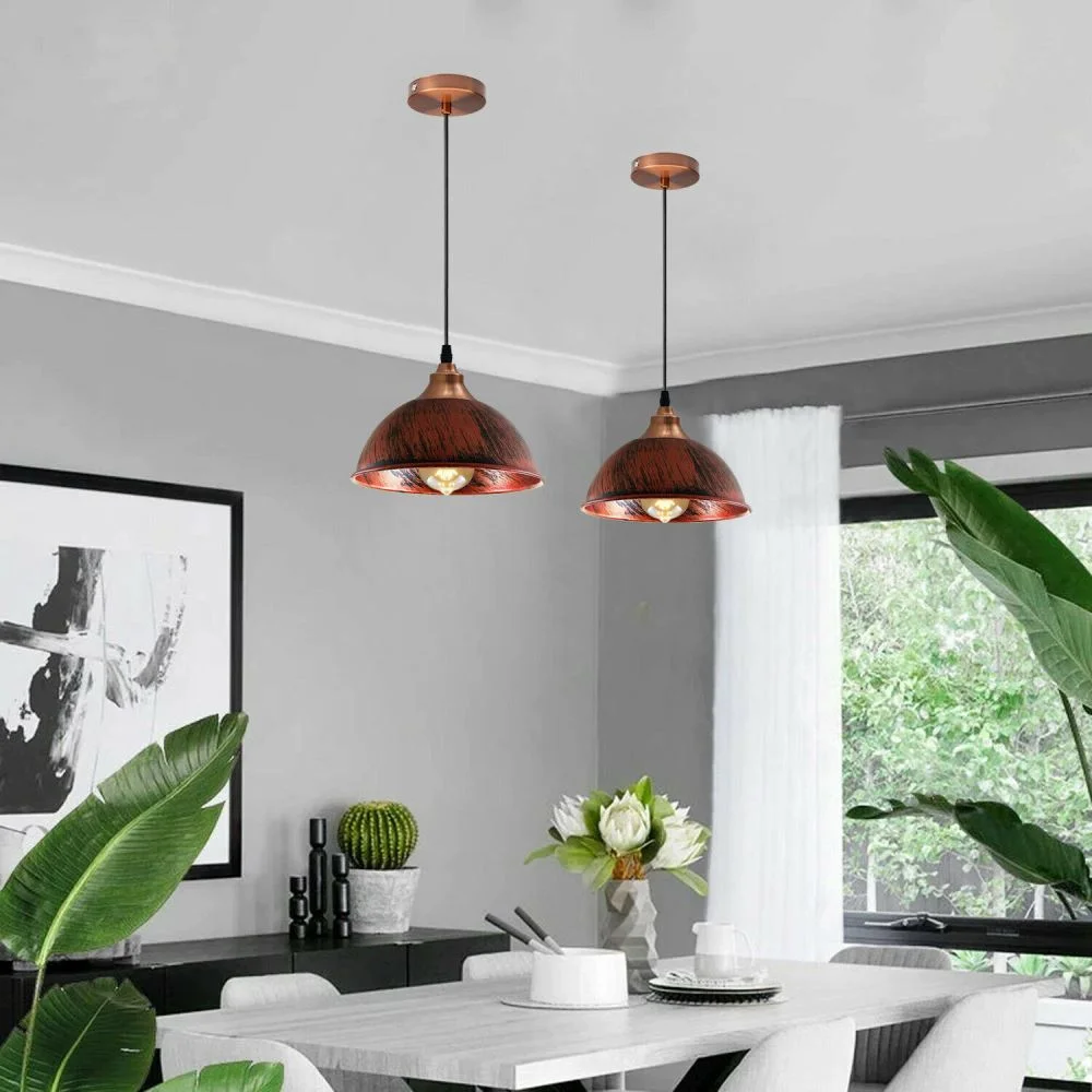 Modern pendant light in a brushed copper iron frame, 210mm shade, with a sturdy ceiling mount