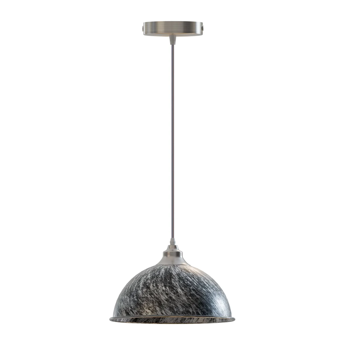 Modern pendant light in black iron with stylish finish, hanging from ceiling, 210mm diameter, sleek E27 base.